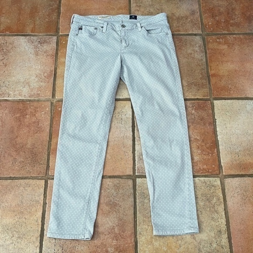 AG Adriano Goldschmied Stevie Grey & White Polka Dot Slim Straight Ankle Jeans